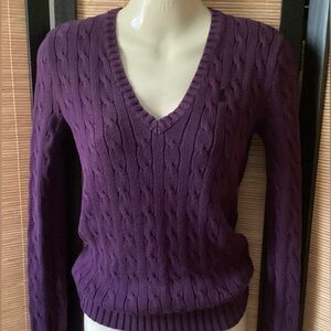 ♦️ RALPH LAUREN V-Neck Sweater Sz S purple cable knit cotton EUC